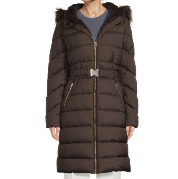 Halston Heritage Jackets & Blazers - HalstonFaux Fur-Trim Belted Puffer Coat
